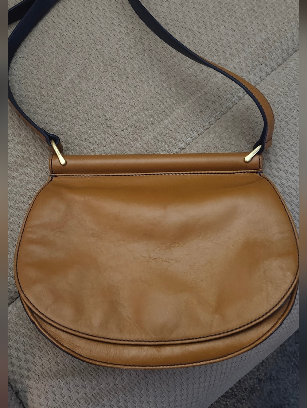 Vera Bradley Saddle Crossbody in Tan with Navy Strap